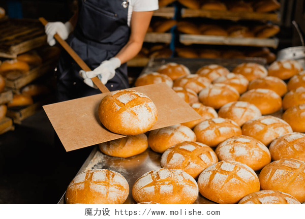 面包店里用木铲把新鲜面包放在堆满面包的桌子上的特写贝克把新鲜面包放在面包店特写镜头中的木铲上。工业面包生产